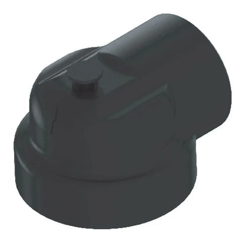 Schwarzes Ventilgehäuse von Syr mit abgerundeter Form und seitlichem Anschluss. Oberseite mit einem runden Knopf, geeignet für industrielle Anwendungen.